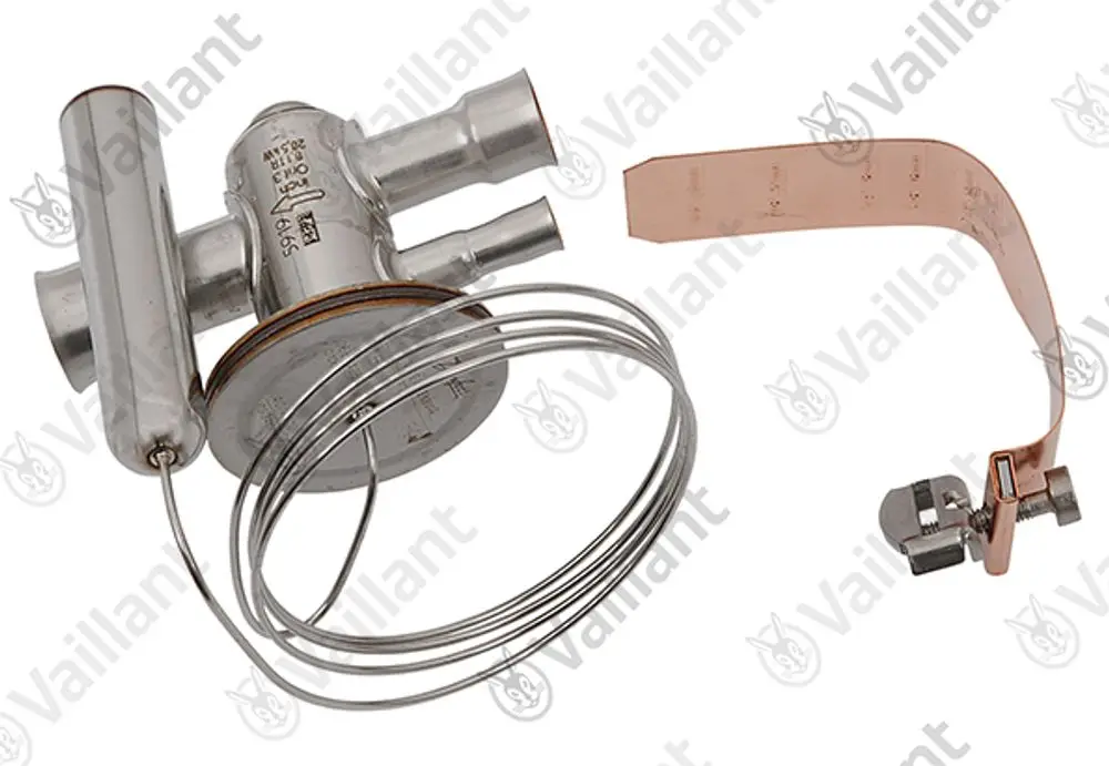 Thermostatisches Expansionsventil von Vaillant mit mehreren Anschlussrohren und einer Kupferplatte zur Befestigung, geeignet für spezifische Heizsysteme.